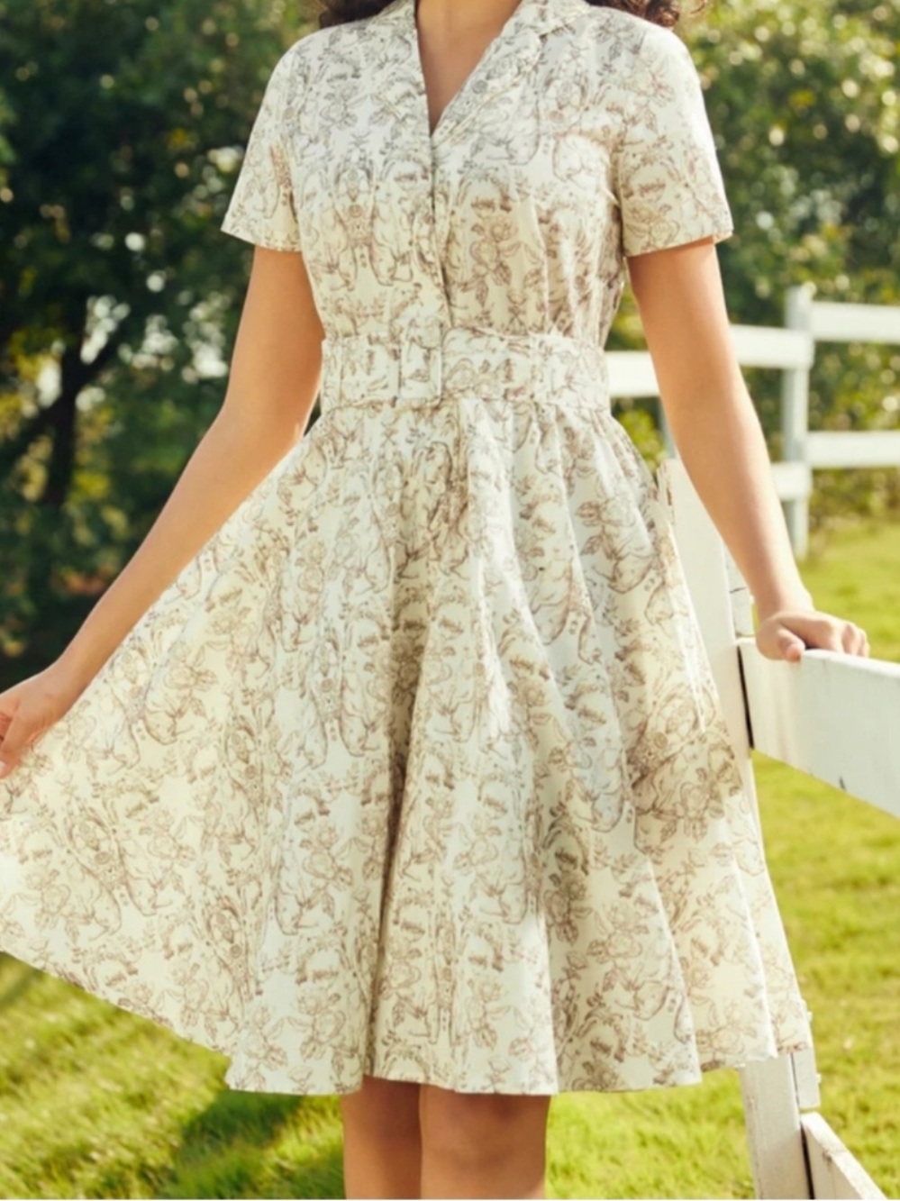 Cream Printed Fit-and-Flare Short Sleeve Dress NWT 3x ModCloth Rabbit Print